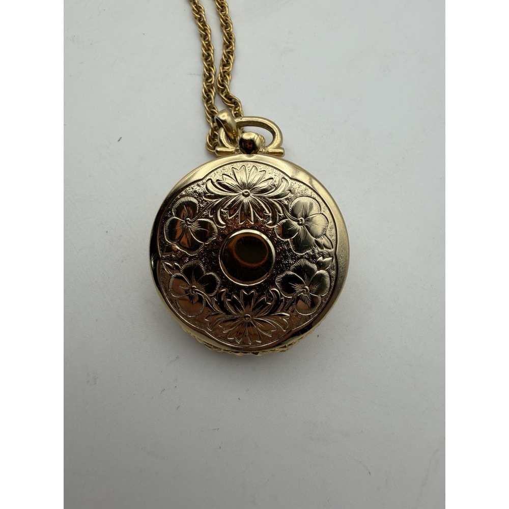 Vintage Gold Tone Pocket Watch Style Photo Locket Necklace Floral 24" Chain